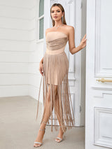 PENELOPE TULLE STRIPED EMBELLISH STRAPLESS APRICOT  MIDI DRESS