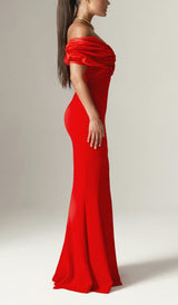 Sophia Off Shoulder Ruched Maxi Slit Dress in red