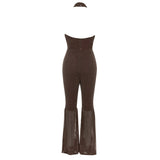 HALTER NECK BACKLESS FLARE LEG JUMPSUIT IN BROWN