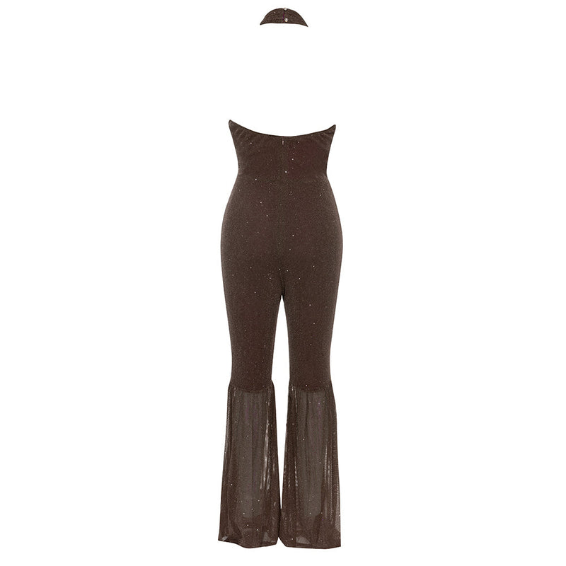 HALTER NECK BACKLESS FLARE LEG JUMPSUIT IN BROWN