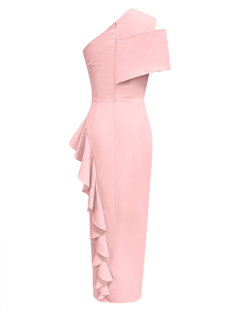 DIAGONAL SHOULDER PLEATED SLIT RUFFLED DRESS IN PINK