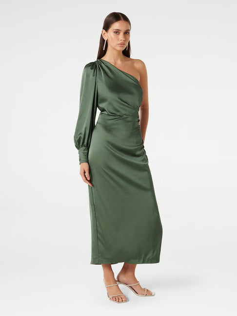 one-shoulder Long Sleeve Midi Dress in green