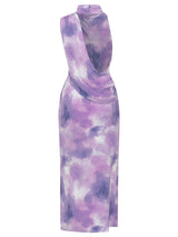 TIE DYE SPLIT THIGH BACKLESS DRESS IN PURPLE