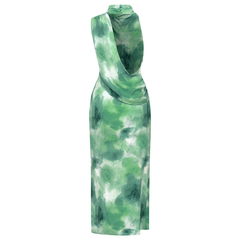 TIE DYE SPLIT THIGH BACKLESS DRESS IN GREEN