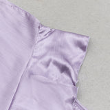 LILAC RUFFLE TRIM ASYMMETRICAL HEM SATIN MIDI DRESS