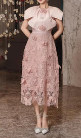 BUTTERFLY EMBROIDERY CLOAK SLEEVE MIDI DRESS IN PINK