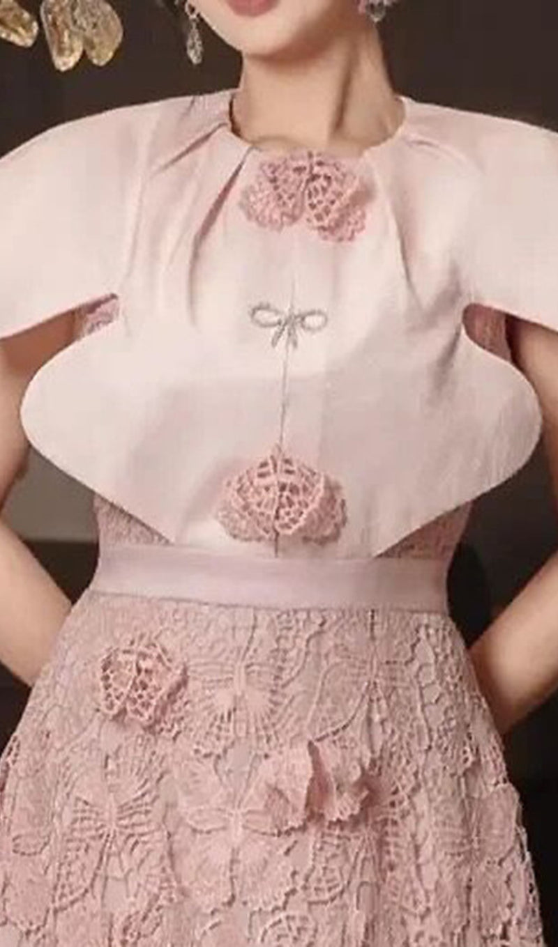 BUTTERFLY EMBROIDERY CLOAK SLEEVE MIDI DRESS IN PINK