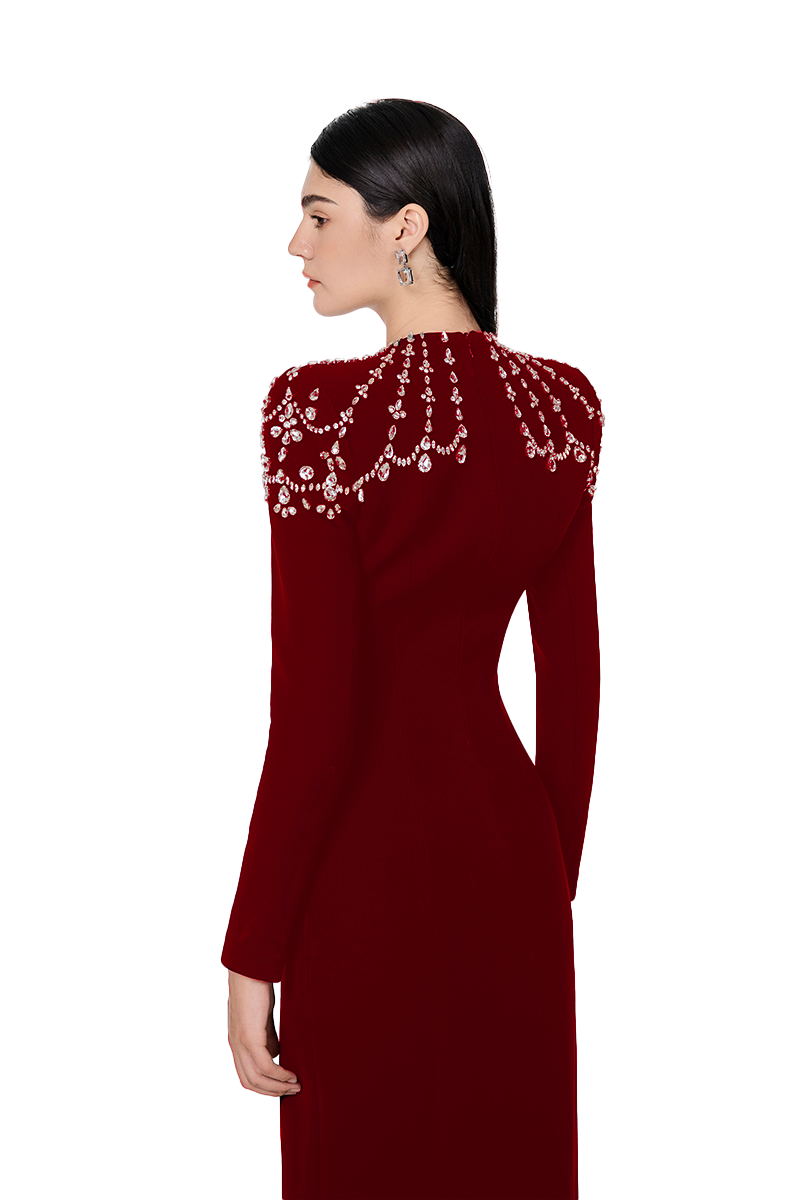 long sleeve trapezoid neckline bodycon  maxi dress in red