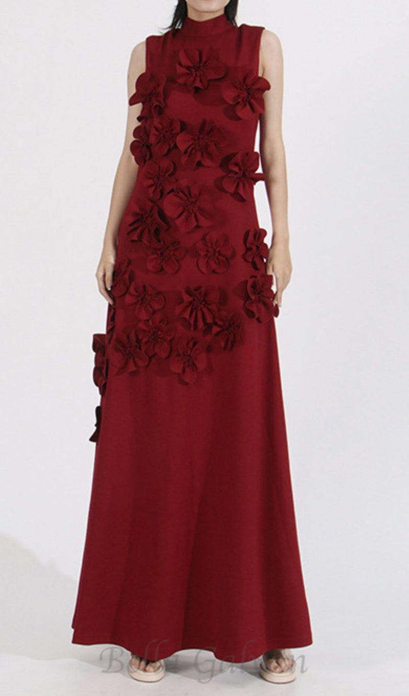 ANNONA RED FLOWER EMBELLISHED MAXI DRESS