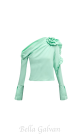 BELLE GREEN RUFFLE ROSETTE ONE-SHOULDER CROP TOP