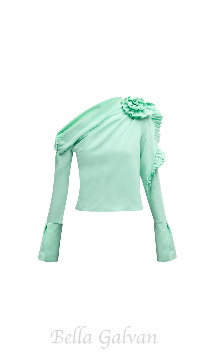 BELLE GREEN RUFFLE ROSETTE ONE-SHOULDER CROP TOP