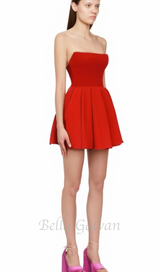 tomato red strapless pleated mini dress