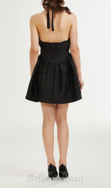 FLORAL APPLIQUÉ HALTER NECK MINI DRESS IN BLACK