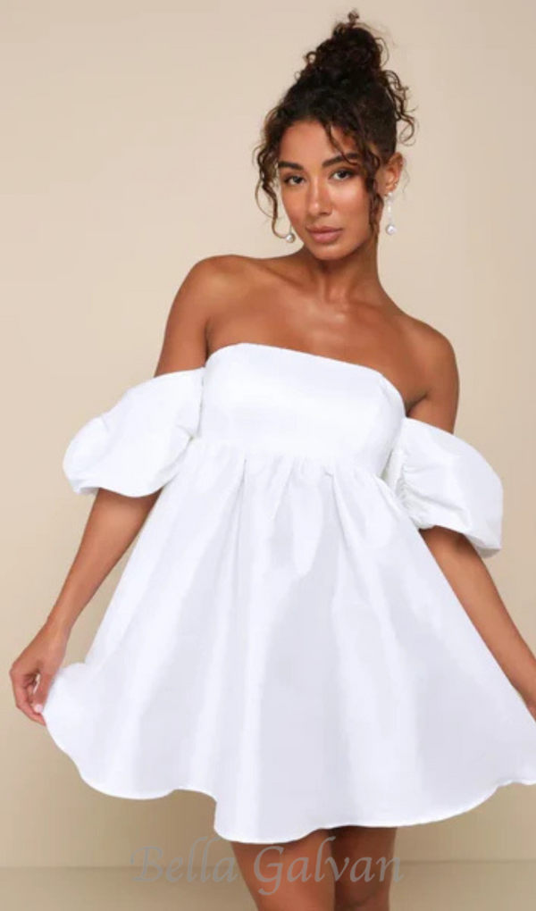 Sweet Vision White Taffeta Off-the-Shoulder Babydoll Mini Dress