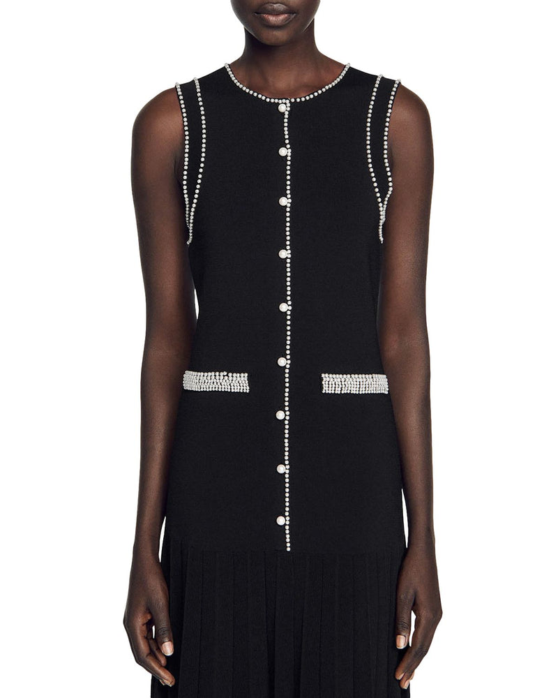 SALOME BEADED TRIM SLEEVELESS KNIT BLACK MIDI DRESS