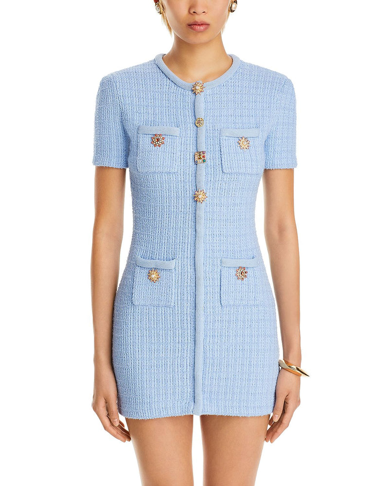 MODESTY BEADED BUTTON KNIT MINI DRESS IN BLUE