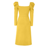 TWIST FRONT GIGOT SLEEVE MIDI DRESS IN YELLOW