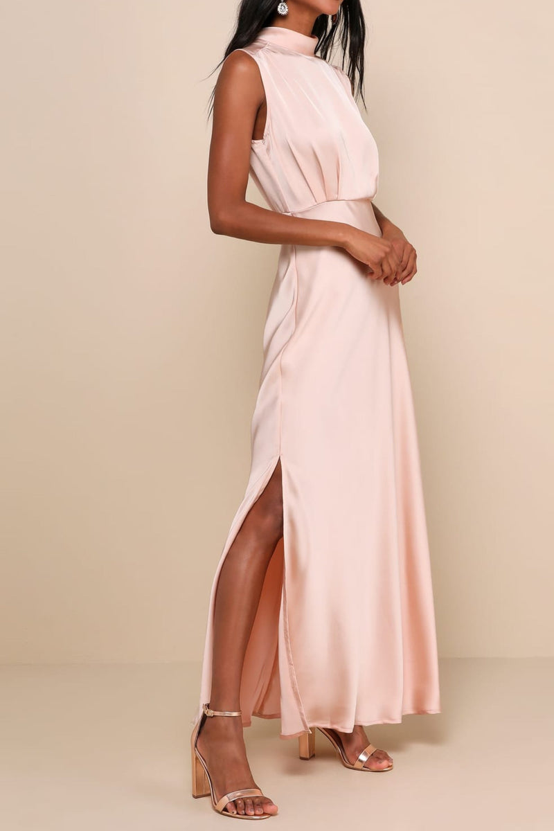 Blush Satin Sleeveless Mock Neck Maxi Dress