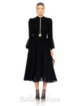 Lantern sleeve silk midi dress in black