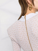 monogram-pattern long-sleeve dress in beige