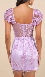 Seriously Cute Lavender Embroidered Mesh Puff Sleeve Mini Dress