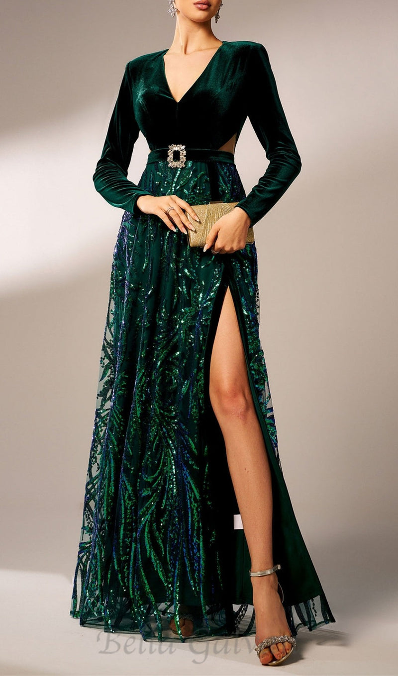 high slit sequin long sleeve maxi dress in green