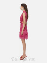 half-high-neckline tulle mini dress in pink