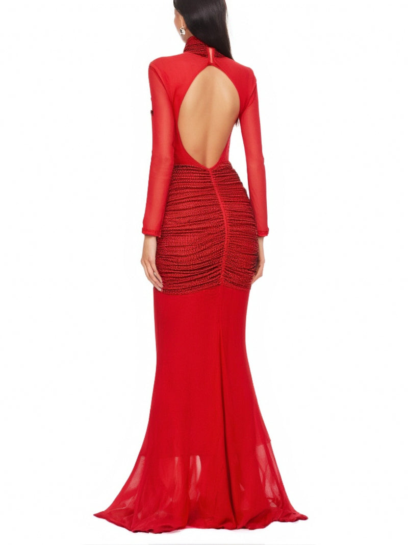 Slinky Mesh Long Sleeve Maxi Dress in Ruby