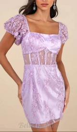 Seriously Cute Lavender Embroidered Mesh Puff Sleeve Mini Dress