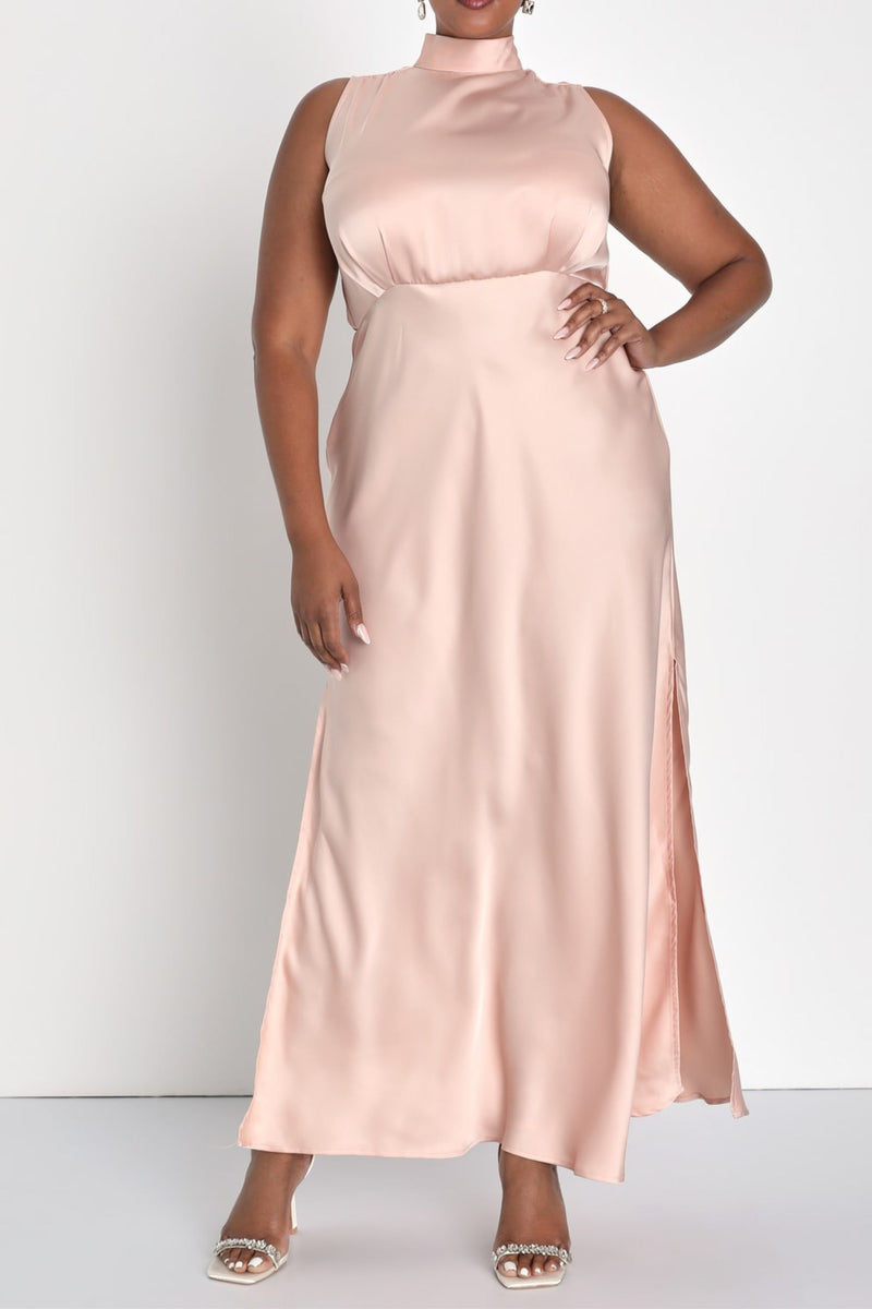 Blush Satin Sleeveless Mock Neck Maxi Dress