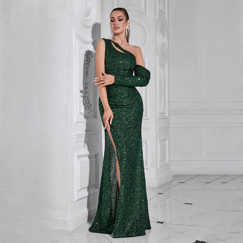 Asymmetric sequin cut out maxi dress in green