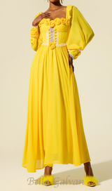 Chiffon 3D Flower Long Sleeve Midi Dress in yellow