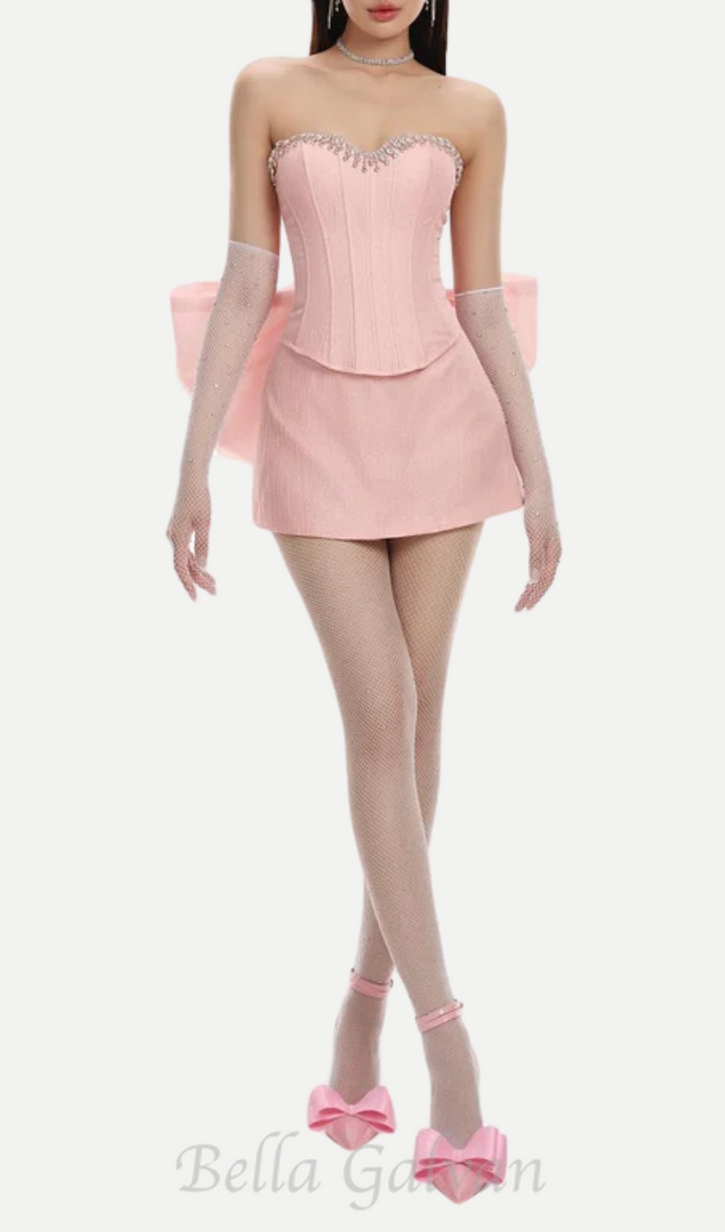 back bowknot embellished skirt suit in pink