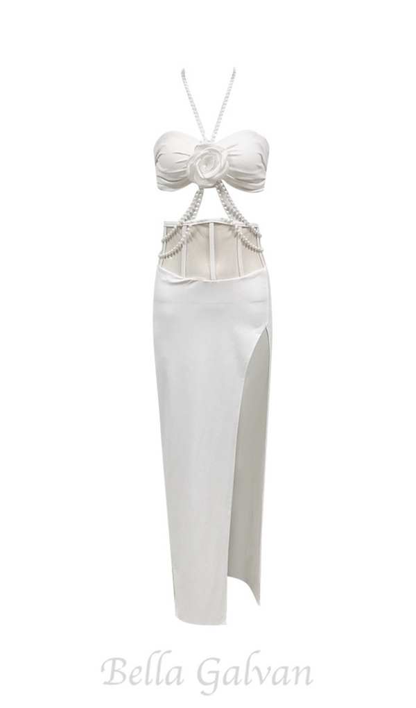 BELEN HIGHT SLIT PEARL HALTER MIDI DRESS IN WHITE