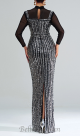 stand collar sequin panel maxi dress in black