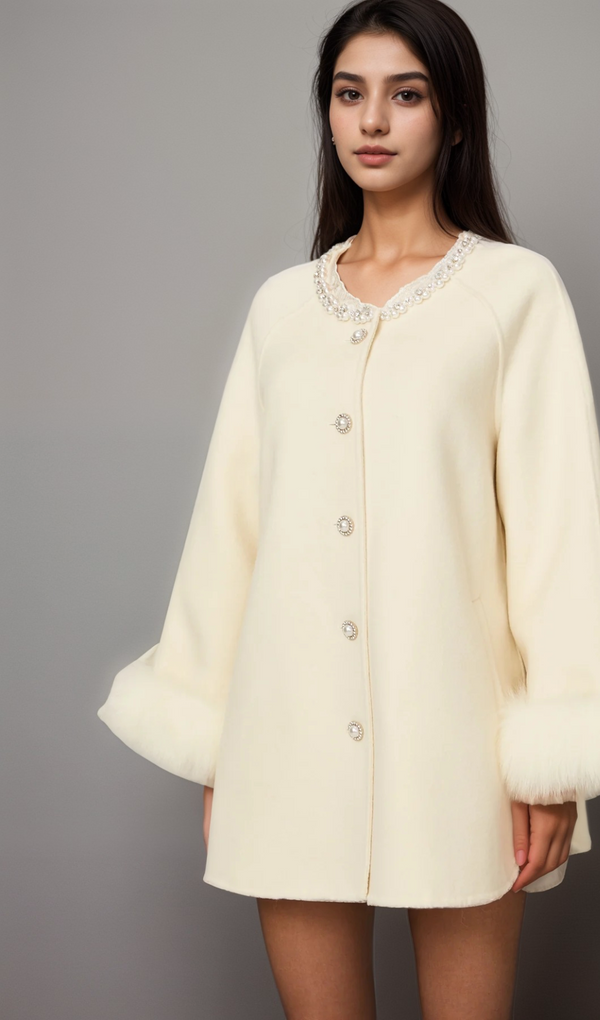 Frédérique white wool fur embellished coat