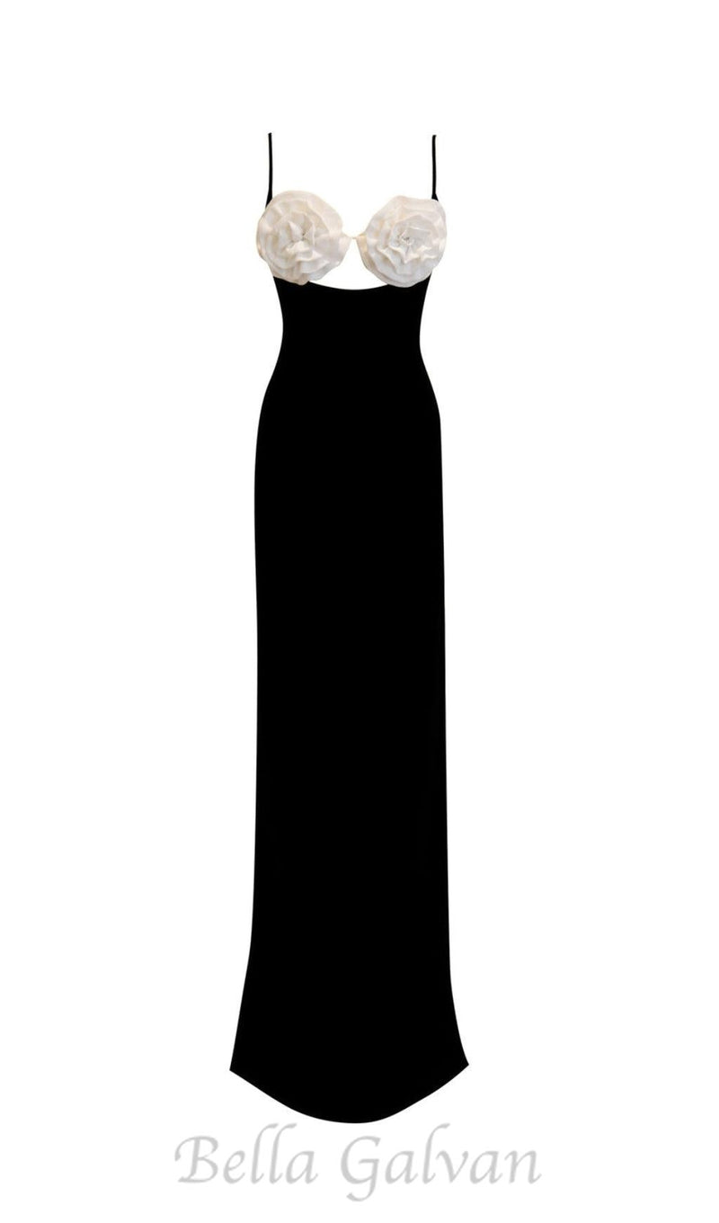 White Crepe Flowers Maxi Dress In Black