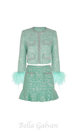 STEPHANIE BOUCLE FEATHER JACKET SUIT IN GREEN