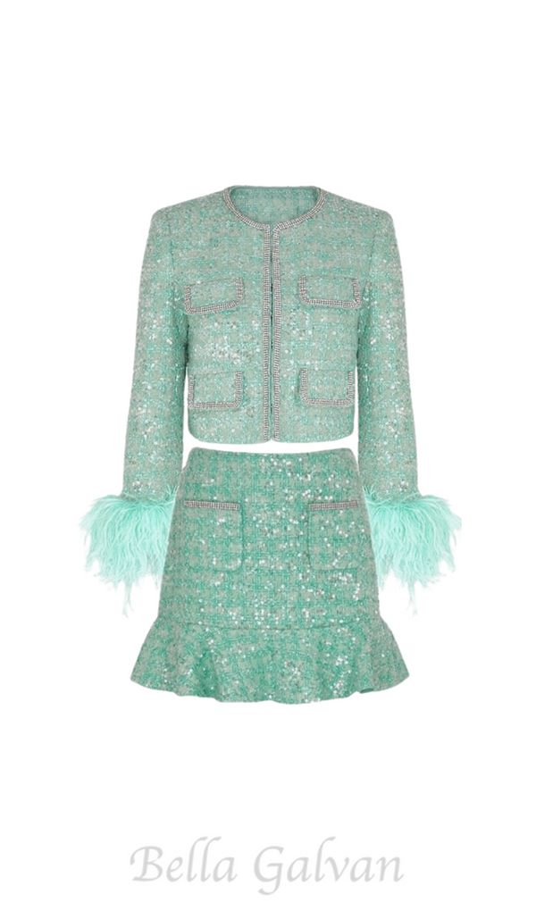 STEPHANIE BOUCLE FEATHER JACKET SUIT IN GREEN