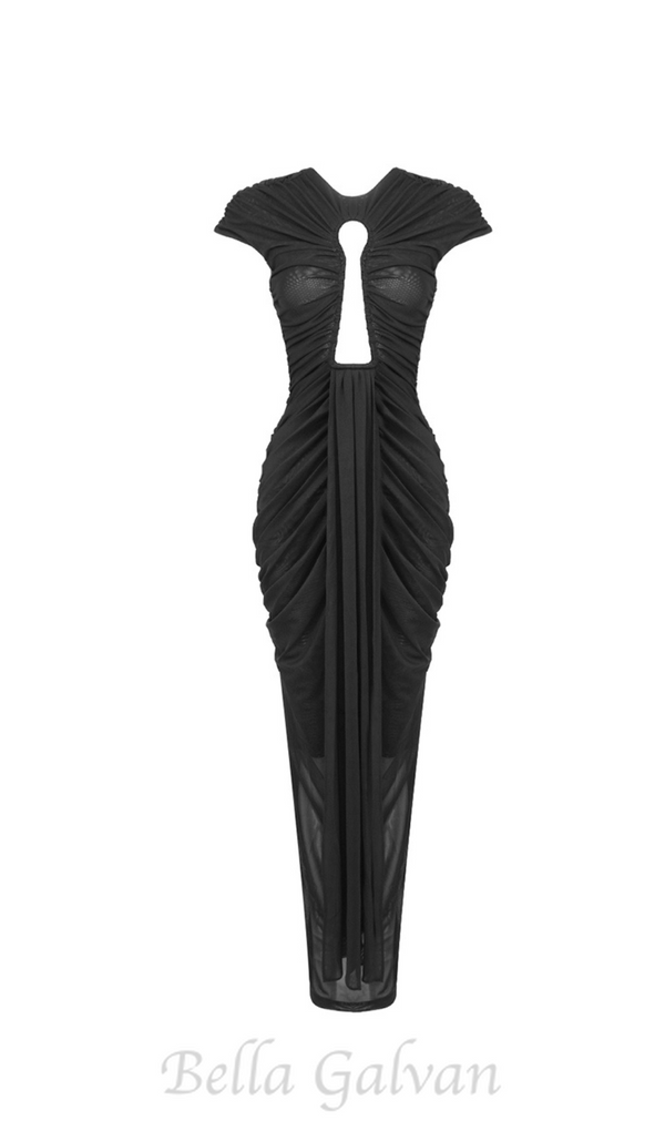 BRIANNA DRAPED KEYHOLE BODYCON GOWN IN BLACK