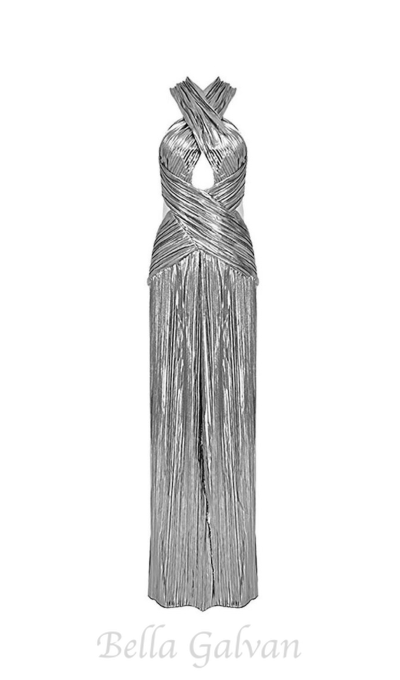 ELSA METALLIC CRISS CROSS HALTER NECK GOWN