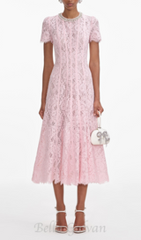 Sequin Floral Lace Midi Dress in pink