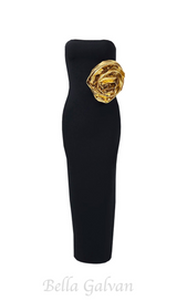 EILEEN BLACK STRAPLESS GOLD ROSE EMBELLISHED MIDI DRESS