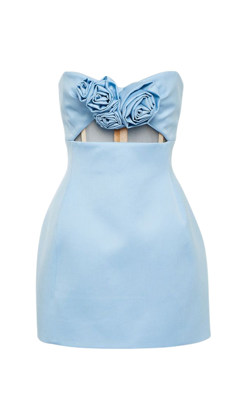 STRAPLESS CUTOUT MINI DRESS IN BLUE