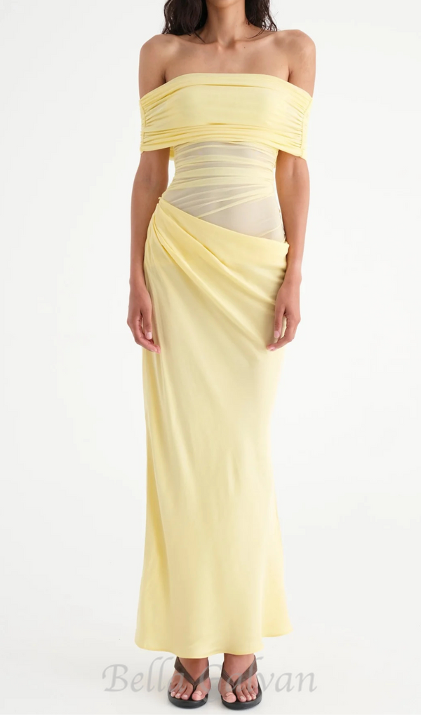 Reanko Off Shoulder Ruched Mesh Maxi Dress - Yellow