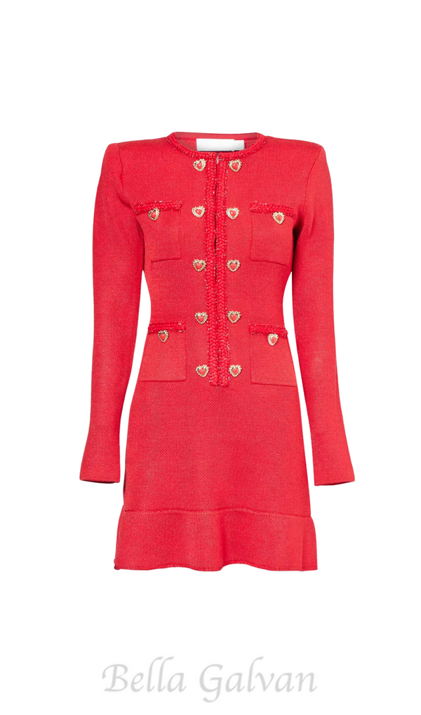 BETTY PATCH-POCKET ROUND-NECK KNITTED MINI DRESS IN RED