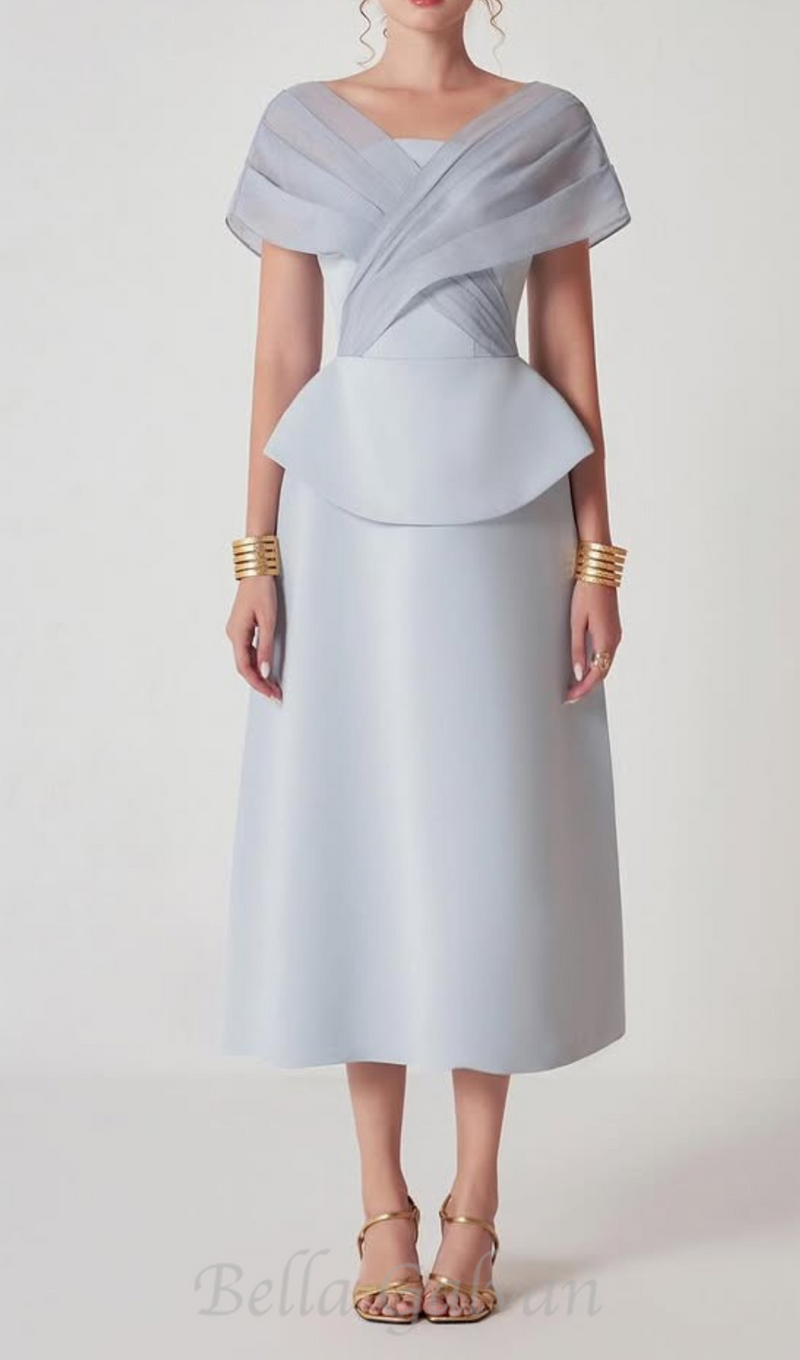 mesh patchwork midi dress in light grey