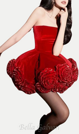 Sebast Flower Strapless Velvet Mini Dress in Red