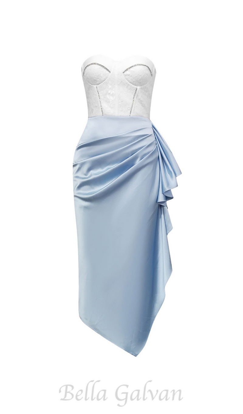 ADORA WHITE BLUE LACE BUSTIER DRAPED MIDI DRESS