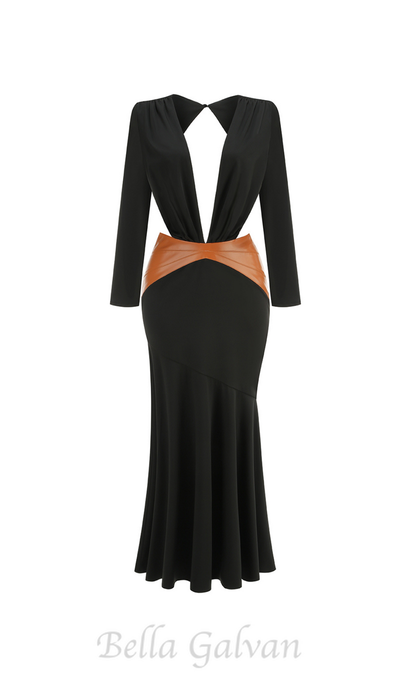 ASHLEY BLACK MAXI DRESS WITH OPEN BACK AND LEATHER PANE